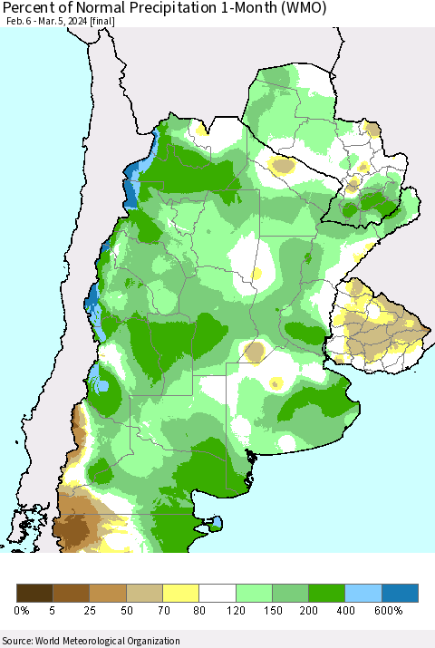 Southern South America Percent of Normal Precipitation 1-Month (WMO) Thematic Map For 2/6/2024 - 3/5/2024