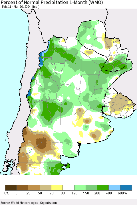Southern South America Percent of Normal Precipitation 1-Month (WMO) Thematic Map For 2/11/2024 - 3/10/2024