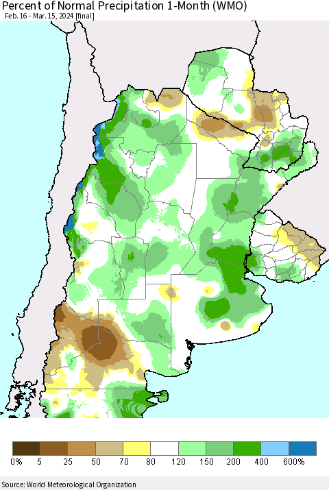 Southern South America Percent of Normal Precipitation 1-Month (WMO) Thematic Map For 2/16/2024 - 3/15/2024