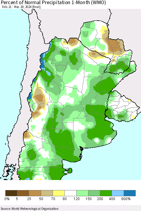 Southern South America Percent of Normal Precipitation 1-Month (WMO) Thematic Map For 2/21/2024 - 3/20/2024