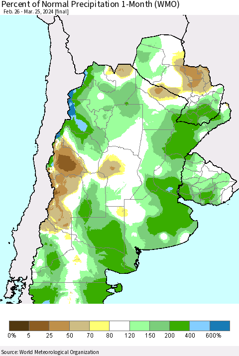 Southern South America Percent of Normal Precipitation 1-Month (WMO) Thematic Map For 2/26/2024 - 3/25/2024