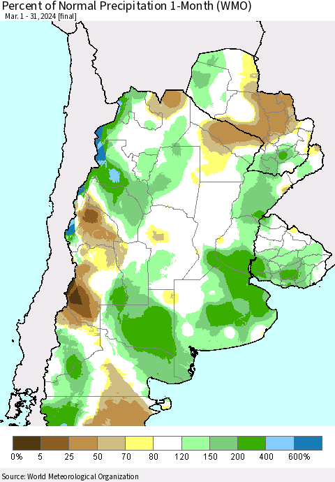 Southern South America Percent of Normal Precipitation 1-Month (WMO) Thematic Map For 3/1/2024 - 3/31/2024