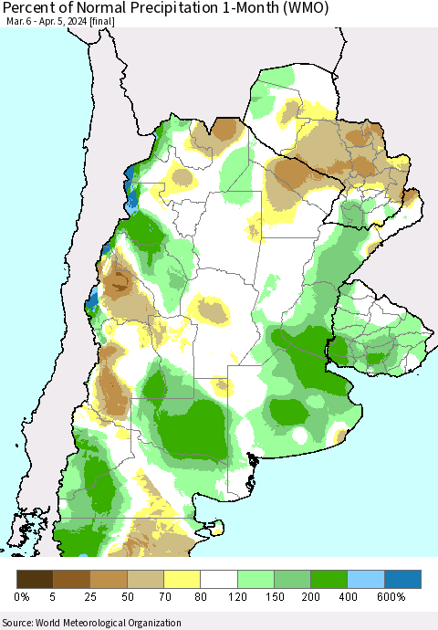 Southern South America Percent of Normal Precipitation 1-Month (WMO) Thematic Map For 3/6/2024 - 4/5/2024