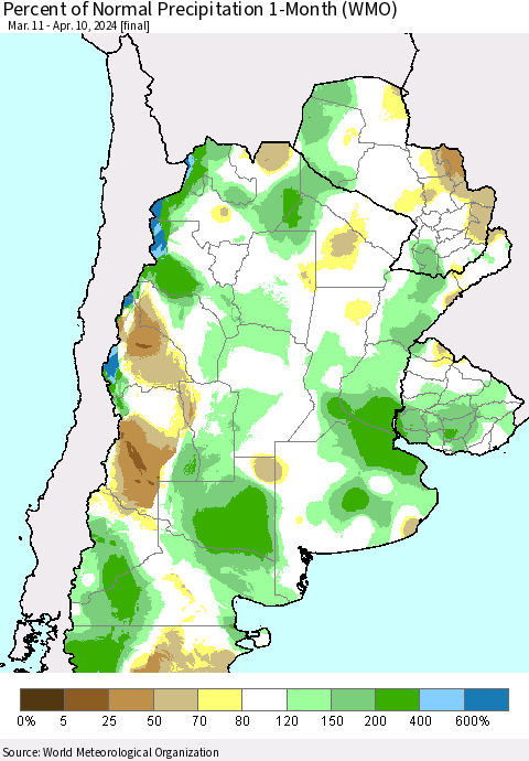Southern South America Percent of Normal Precipitation 1-Month (WMO) Thematic Map For 3/11/2024 - 4/10/2024