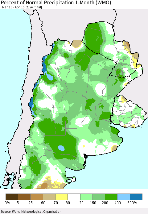 Southern South America Percent of Normal Precipitation 1-Month (WMO) Thematic Map For 3/16/2024 - 4/15/2024