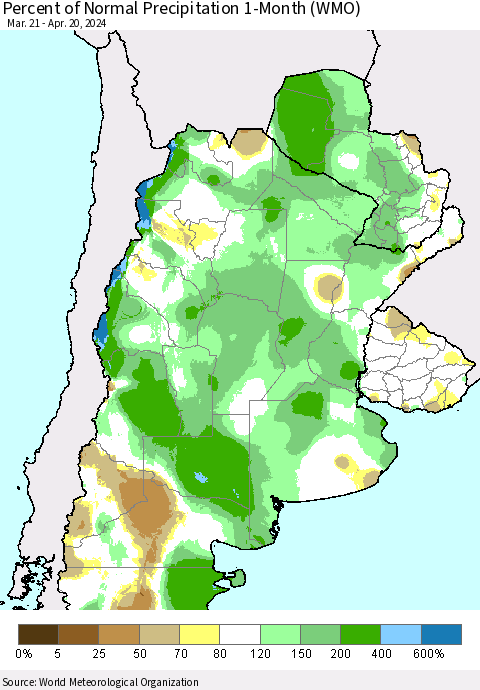 Southern South America Percent of Normal Precipitation 1-Month (WMO) Thematic Map For 3/21/2024 - 4/20/2024