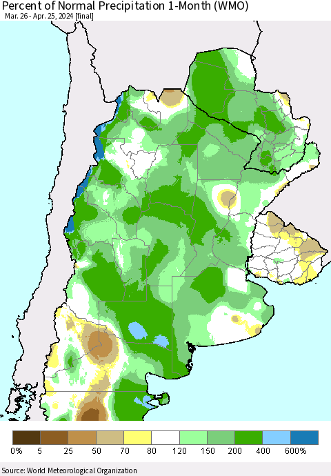 Southern South America Percent of Normal Precipitation 1-Month (WMO) Thematic Map For 3/26/2024 - 4/25/2024