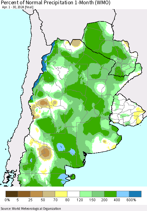 Southern South America Percent of Normal Precipitation 1-Month (WMO) Thematic Map For 4/1/2024 - 4/30/2024