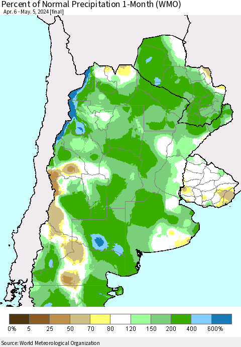 Southern South America Percent of Normal Precipitation 1-Month (WMO) Thematic Map For 4/6/2024 - 5/5/2024
