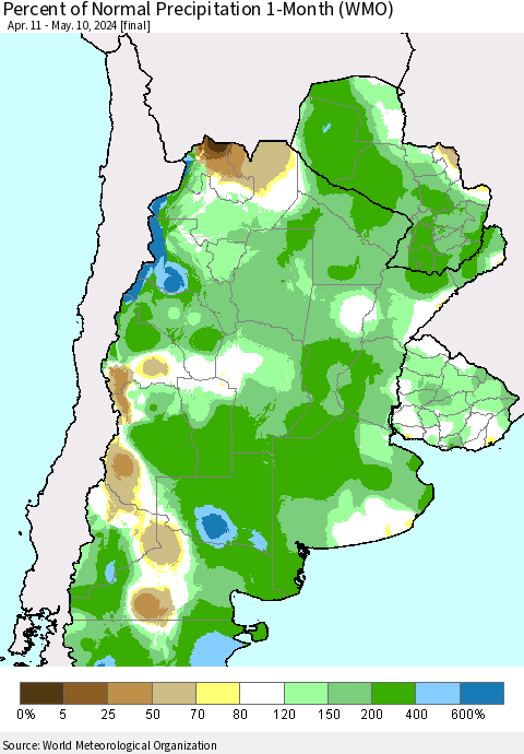 Southern South America Percent of Normal Precipitation 1-Month (WMO) Thematic Map For 4/11/2024 - 5/10/2024
