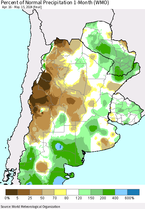 Southern South America Percent of Normal Precipitation 1-Month (WMO) Thematic Map For 4/16/2024 - 5/15/2024