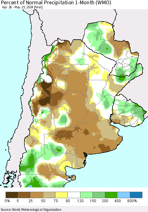 Southern South America Percent of Normal Precipitation 1-Month (WMO) Thematic Map For 4/26/2024 - 5/25/2024