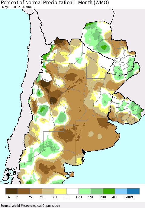 Southern South America Percent of Normal Precipitation 1-Month (WMO) Thematic Map For 5/1/2024 - 5/31/2024