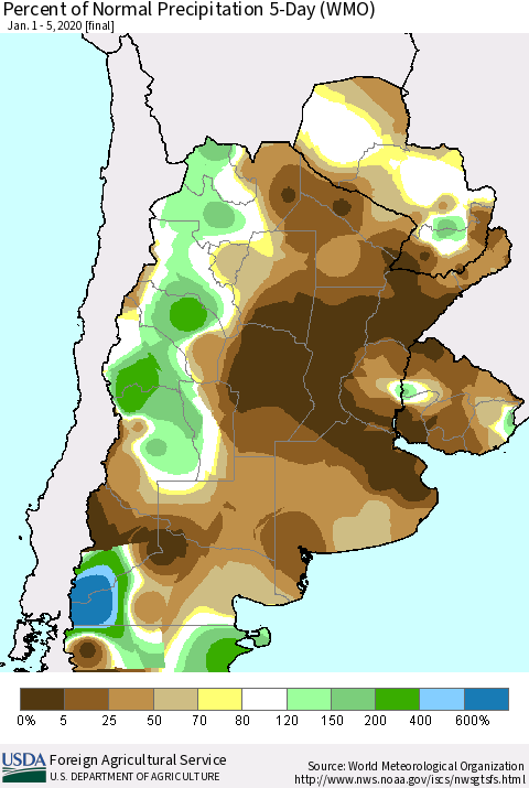 Southern South America Percent of Normal Precipitation 5-Day (WMO) Thematic Map For 1/1/2020 - 1/5/2020