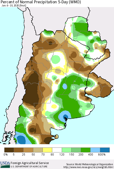 Southern South America Percent of Normal Precipitation 5-Day (WMO) Thematic Map For 1/6/2020 - 1/10/2020