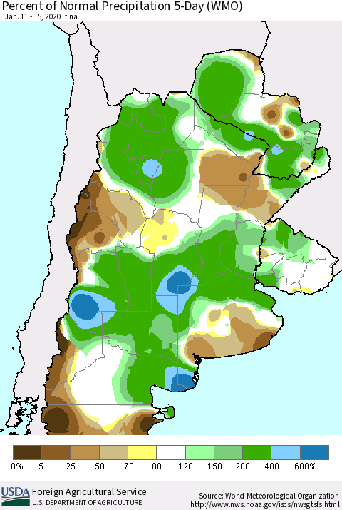 Southern South America Percent of Normal Precipitation 5-Day (WMO) Thematic Map For 1/11/2020 - 1/15/2020