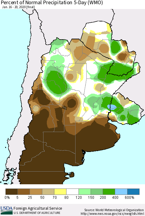 Southern South America Percent of Normal Precipitation 5-Day (WMO) Thematic Map For 1/16/2020 - 1/20/2020