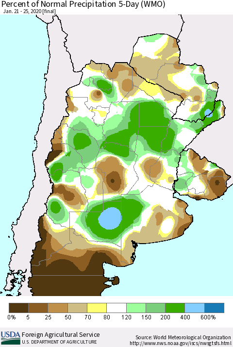 Southern South America Percent of Normal Precipitation 5-Day (WMO) Thematic Map For 1/21/2020 - 1/25/2020