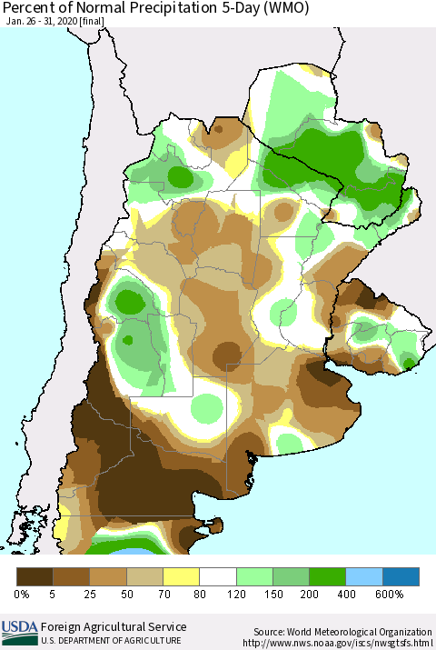 Southern South America Percent of Normal Precipitation 5-Day (WMO) Thematic Map For 1/26/2020 - 1/31/2020