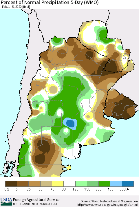 Southern South America Percent of Normal Precipitation 5-Day (WMO) Thematic Map For 2/1/2020 - 2/5/2020