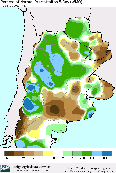 Southern South America Percent of Normal Precipitation 5-Day (WMO) Thematic Map For 2/6/2020 - 2/10/2020