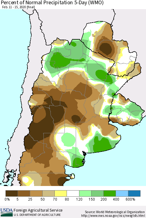 Southern South America Percent of Normal Precipitation 5-Day (WMO) Thematic Map For 2/11/2020 - 2/15/2020