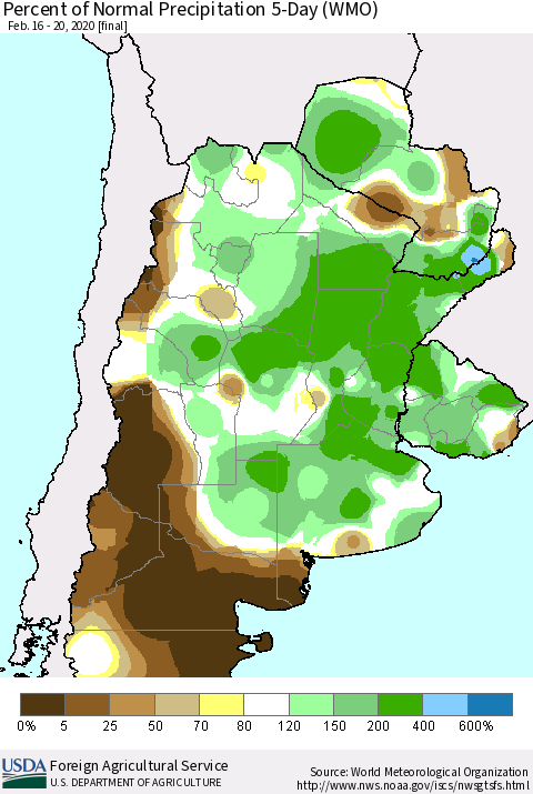 Southern South America Percent of Normal Precipitation 5-Day (WMO) Thematic Map For 2/16/2020 - 2/20/2020