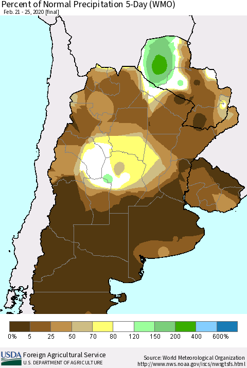 Southern South America Percent of Normal Precipitation 5-Day (WMO) Thematic Map For 2/21/2020 - 2/25/2020