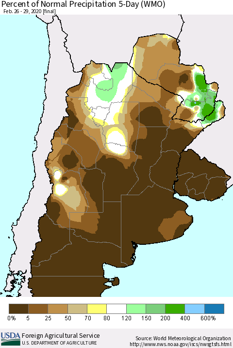 Southern South America Percent of Normal Precipitation 5-Day (WMO) Thematic Map For 2/26/2020 - 2/29/2020