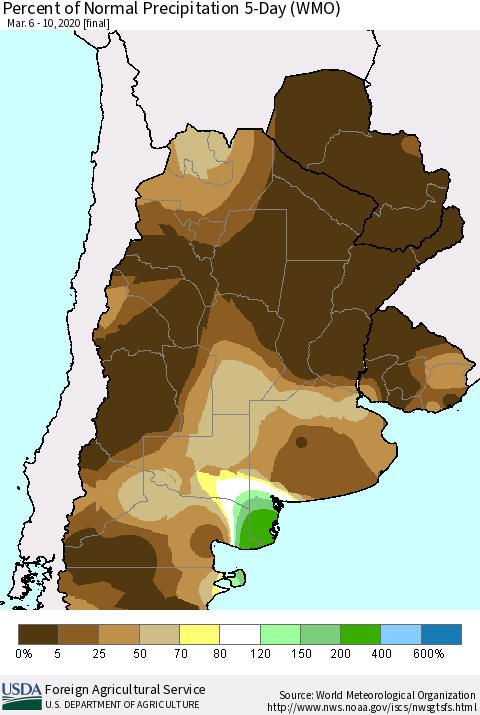 Southern South America Percent of Normal Precipitation 5-Day (WMO) Thematic Map For 3/6/2020 - 3/10/2020