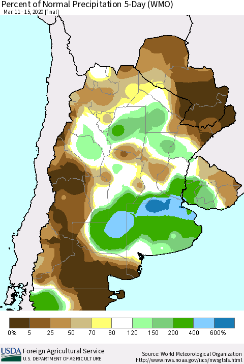 Southern South America Percent of Normal Precipitation 5-Day (WMO) Thematic Map For 3/11/2020 - 3/15/2020