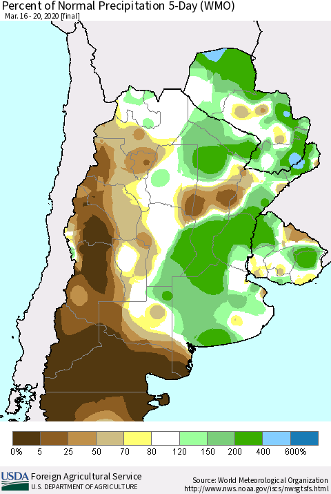 Southern South America Percent of Normal Precipitation 5-Day (WMO) Thematic Map For 3/16/2020 - 3/20/2020