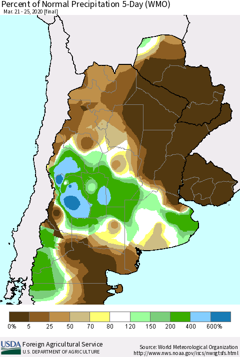 Southern South America Percent of Normal Precipitation 5-Day (WMO) Thematic Map For 3/21/2020 - 3/25/2020