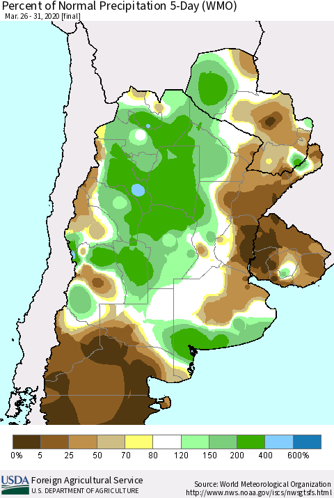 Southern South America Percent of Normal Precipitation 5-Day (WMO) Thematic Map For 3/26/2020 - 3/31/2020