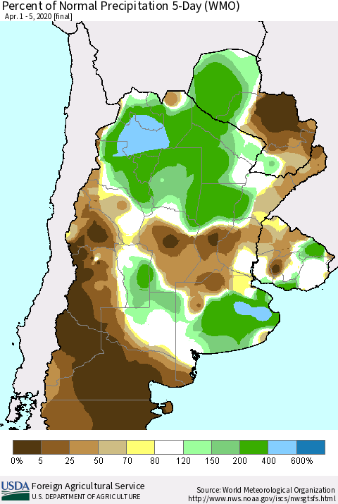 Southern South America Percent of Normal Precipitation 5-Day (WMO) Thematic Map For 4/1/2020 - 4/5/2020