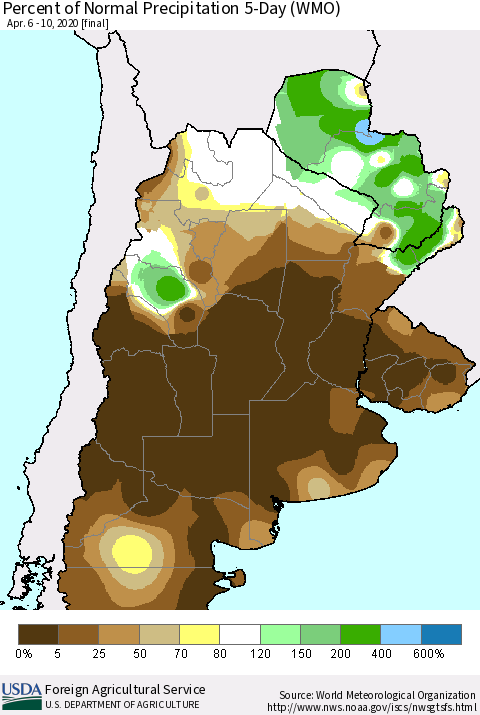 Southern South America Percent of Normal Precipitation 5-Day (WMO) Thematic Map For 4/6/2020 - 4/10/2020