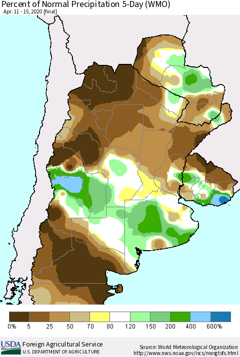 Southern South America Percent of Normal Precipitation 5-Day (WMO) Thematic Map For 4/11/2020 - 4/15/2020