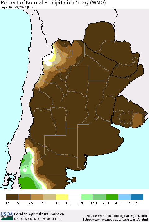 Southern South America Percent of Normal Precipitation 5-Day (WMO) Thematic Map For 4/16/2020 - 4/20/2020
