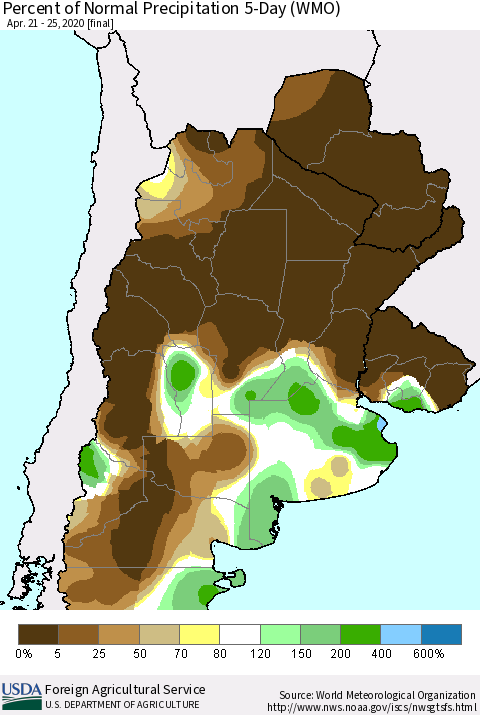 Southern South America Percent of Normal Precipitation 5-Day (WMO) Thematic Map For 4/21/2020 - 4/25/2020