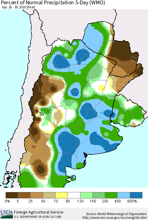 Southern South America Percent of Normal Precipitation 5-Day (WMO) Thematic Map For 4/26/2020 - 4/30/2020