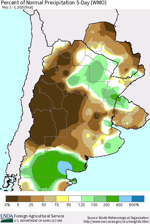 Southern South America Percent of Normal Precipitation 5-Day (WMO) Thematic Map For 5/1/2020 - 5/5/2020