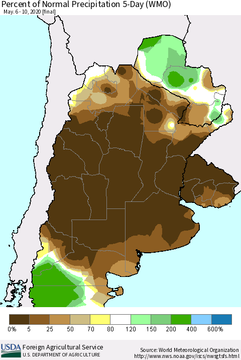 Southern South America Percent of Normal Precipitation 5-Day (WMO) Thematic Map For 5/6/2020 - 5/10/2020
