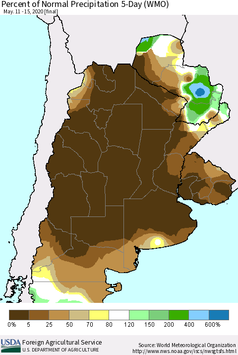 Southern South America Percent of Normal Precipitation 5-Day (WMO) Thematic Map For 5/11/2020 - 5/15/2020