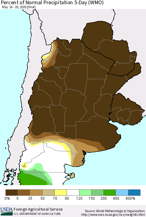Southern South America Percent of Normal Precipitation 5-Day (WMO) Thematic Map For 5/16/2020 - 5/20/2020