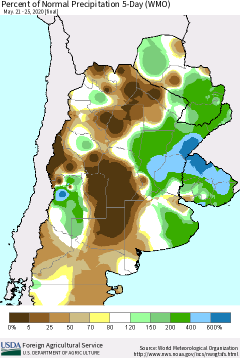 Southern South America Percent of Normal Precipitation 5-Day (WMO) Thematic Map For 5/21/2020 - 5/25/2020