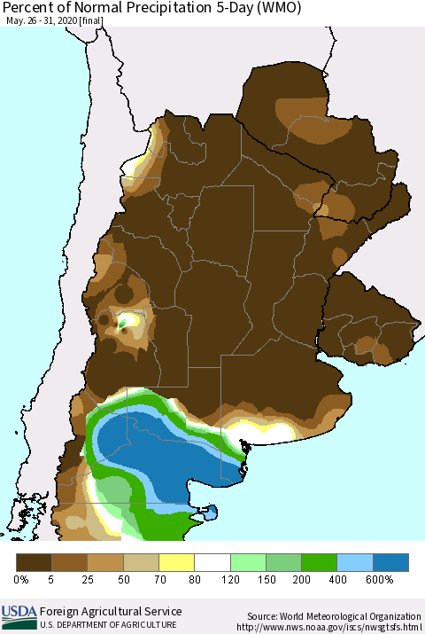 Southern South America Percent of Normal Precipitation 5-Day (WMO) Thematic Map For 5/26/2020 - 5/31/2020