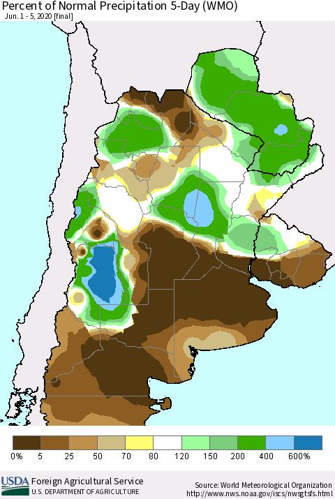 Southern South America Percent of Normal Precipitation 5-Day (WMO) Thematic Map For 6/1/2020 - 6/5/2020