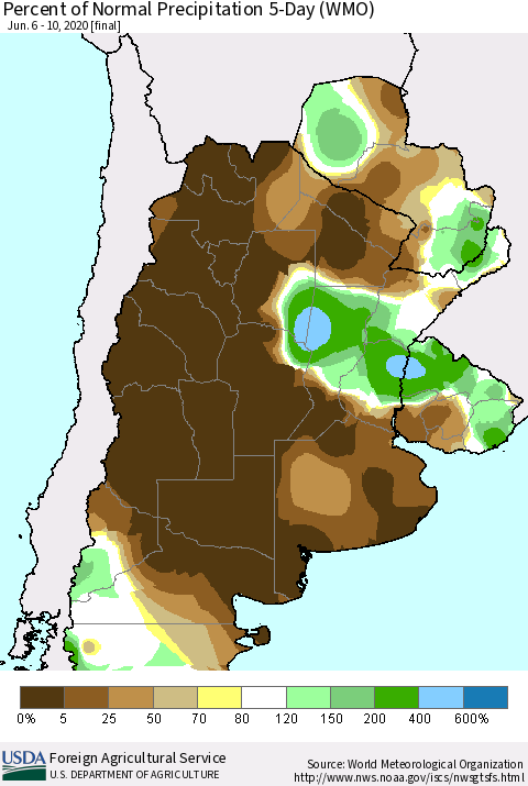Southern South America Percent of Normal Precipitation 5-Day (WMO) Thematic Map For 6/6/2020 - 6/10/2020