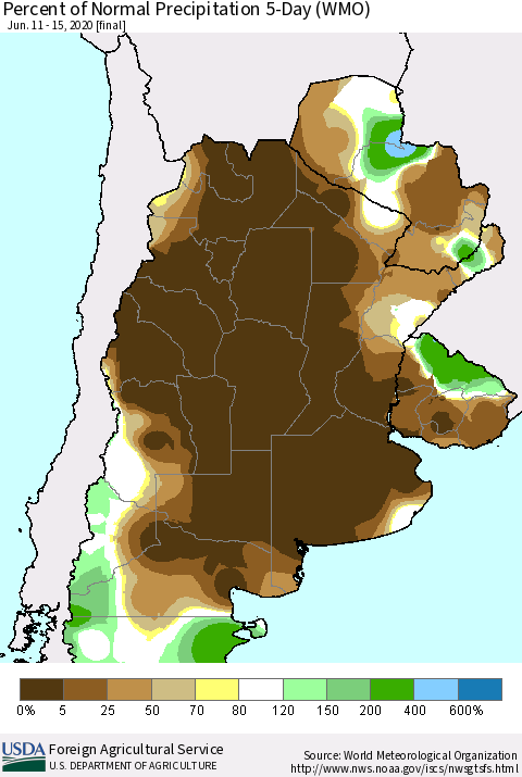 Southern South America Percent of Normal Precipitation 5-Day (WMO) Thematic Map For 6/11/2020 - 6/15/2020