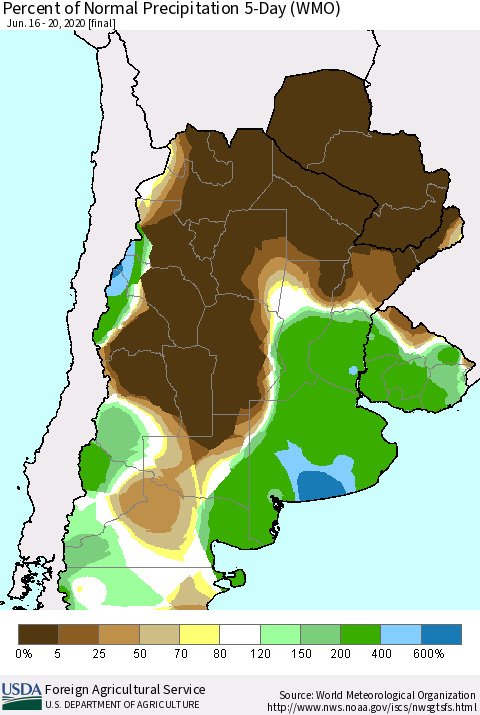 Southern South America Percent of Normal Precipitation 5-Day (WMO) Thematic Map For 6/16/2020 - 6/20/2020